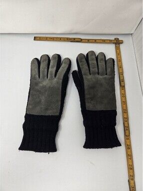 Vintage Aris Black Knit Gloves Grey Suede Palms Cozy Orlon Fleece Lining OSFM